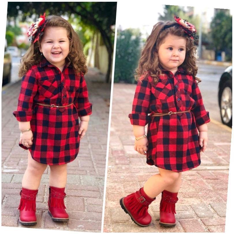 Robe longue à carreaux rouge pour filles avec ceinture