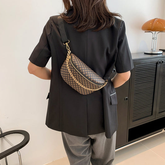 Bolso bandolera de hombro con cadena de metal estampado a cuadros para mujer