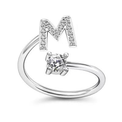 Female Stylish Adjustable Zircon 26 Letters Ring