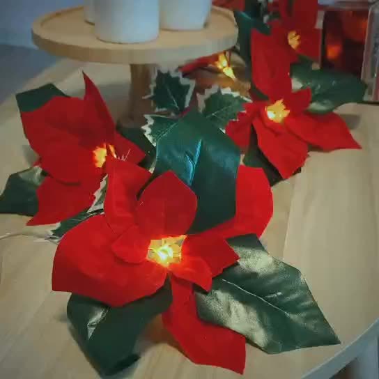 Luces navideñas LED de primer grado con flores rojas y frutos rojos para decoración del hogar