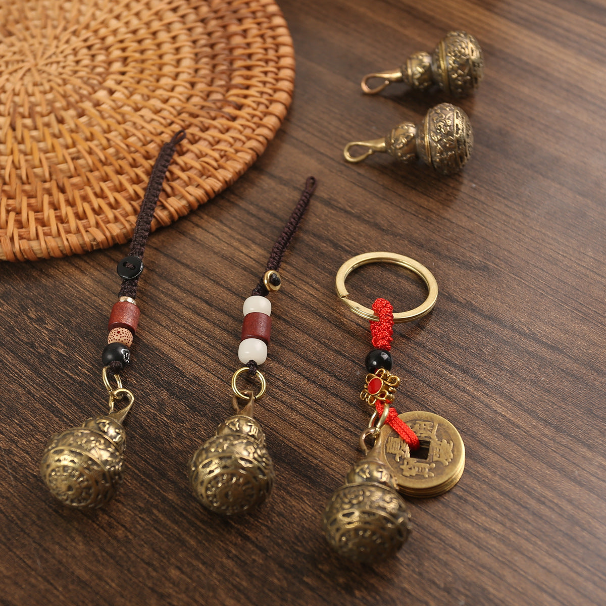 Pendentif porte-clés rétro en cuivre pur, gourde riche, ouverture centrale