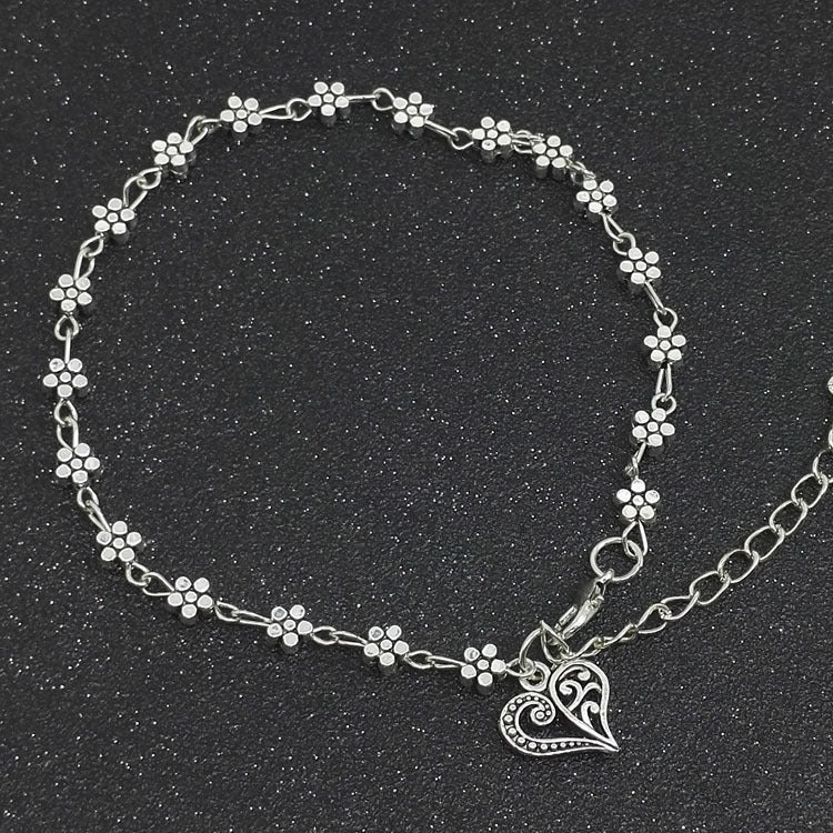 Bracelet de cheville tibétain en argent creux en forme de fleur de prunier, ornements de pied en forme de cœur