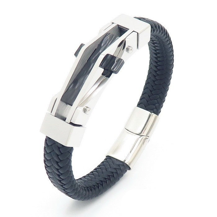 Bracelet en cuir géométrique en acier inoxydable pour hommes, personnalité de la mode