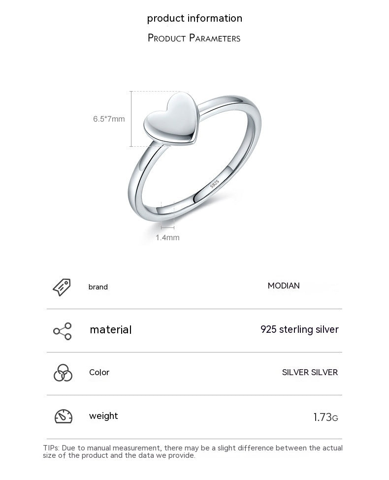 Female Minority Simple S925 Glossy Love Heart-shaped Ring
