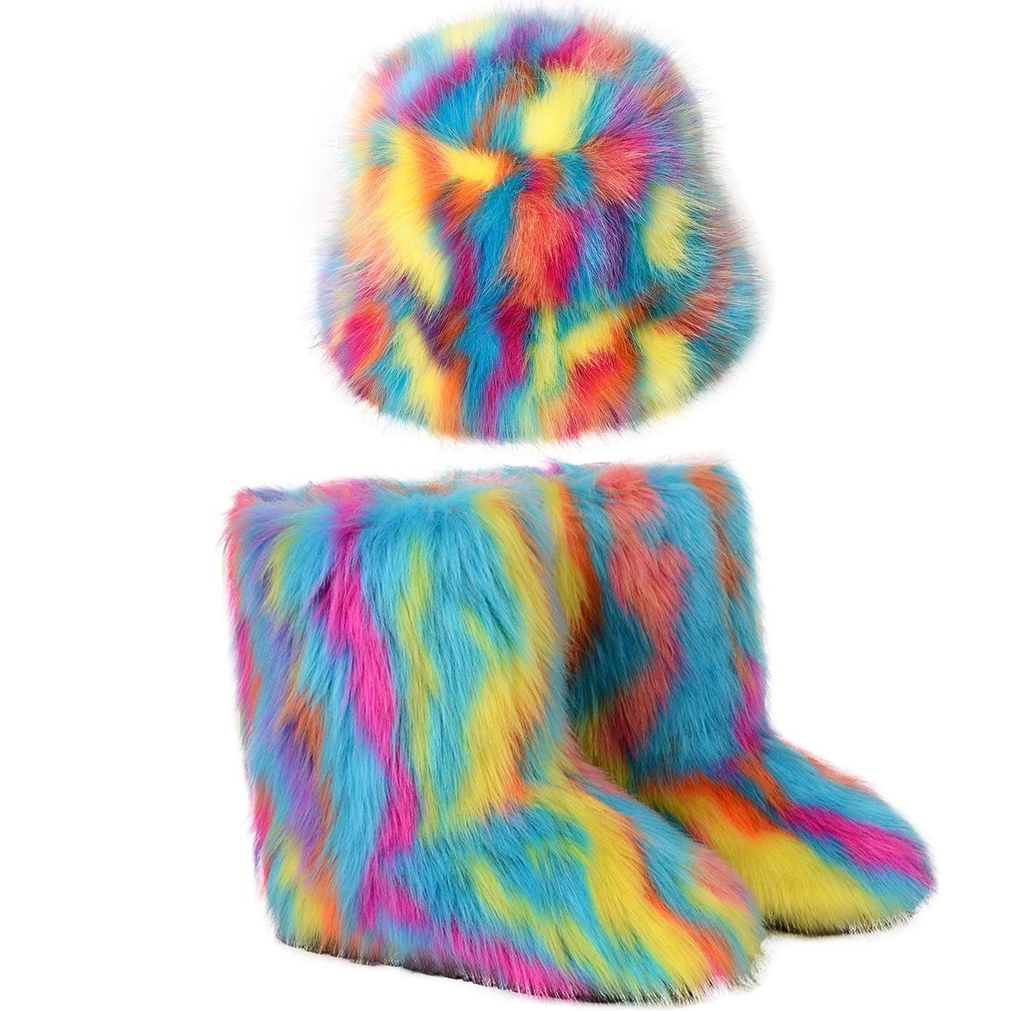 Bottes chaudes en peluche, chapeau seau en fourrure colorée