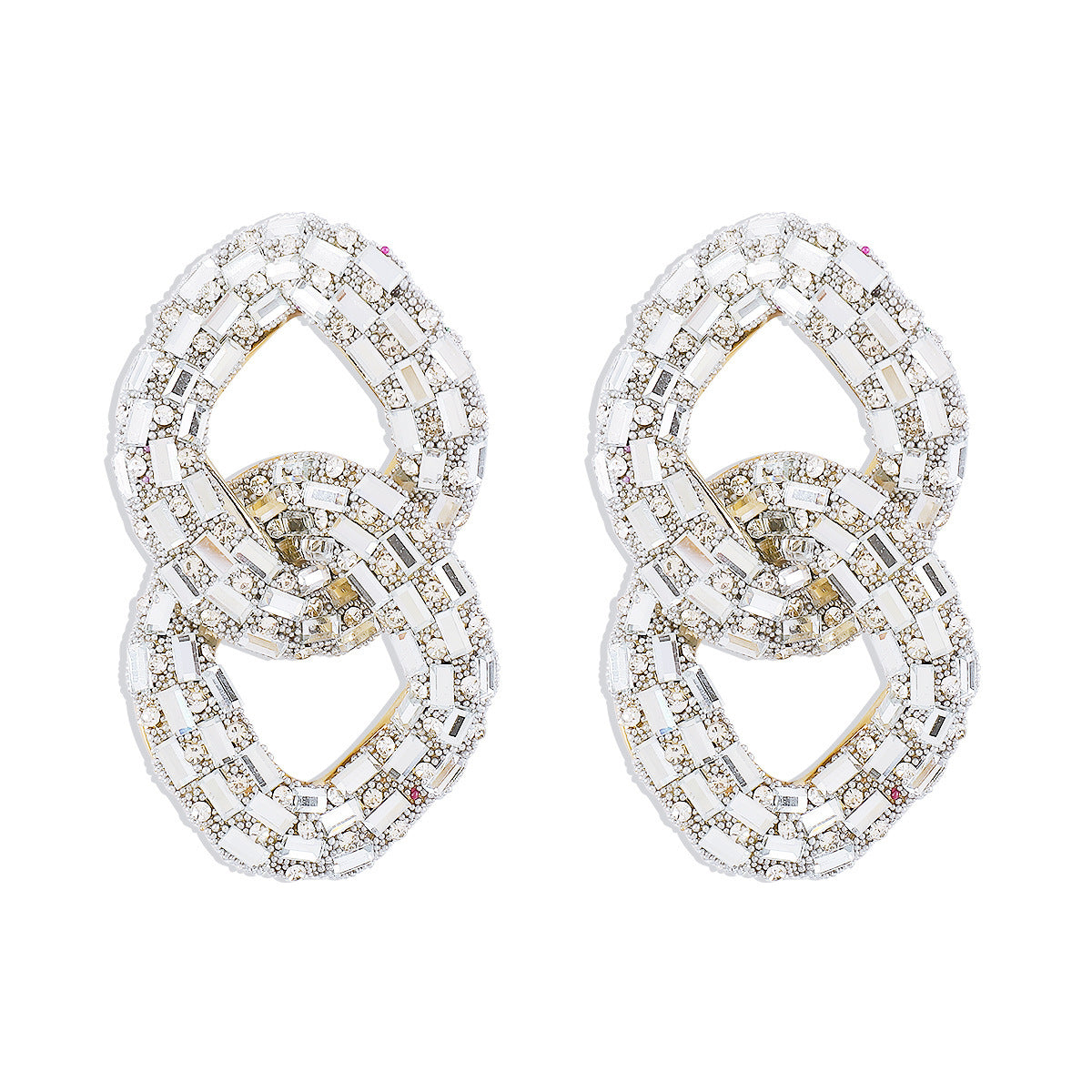 European And American Temperament Entry Lux Full Diamond Hollow Stud Earrings Exaggerated Geometry Chain Rhinestone Design Sense