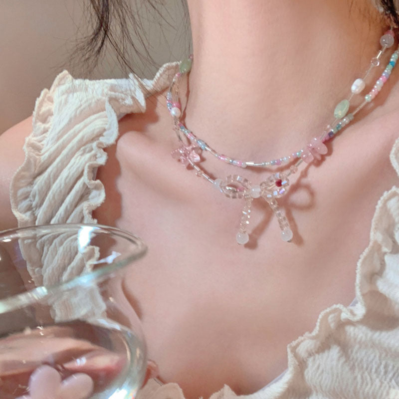 Color Bow Beaded Necklace Female Flower Short Pearl Necklace