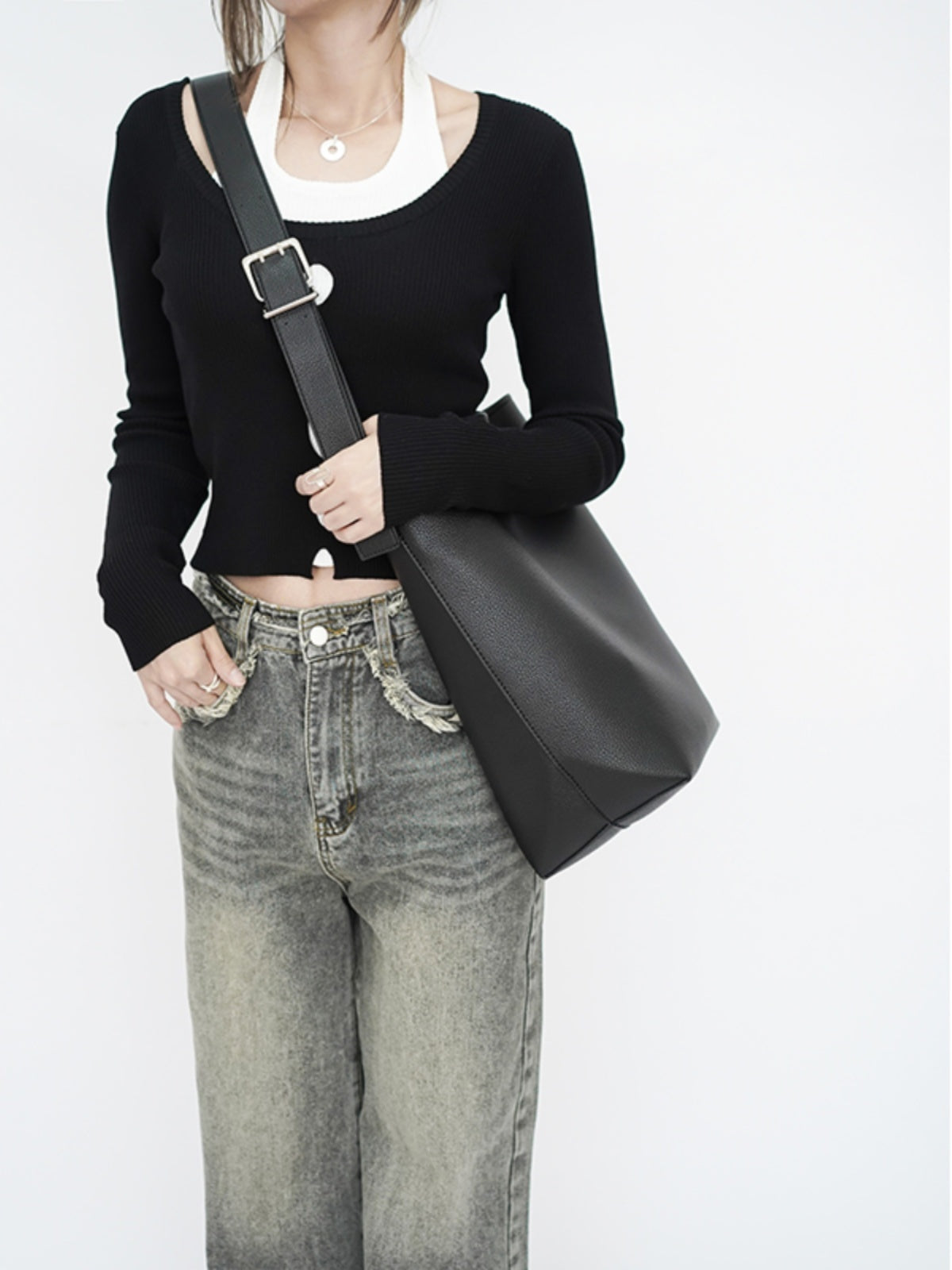 Bolso tipo cubo con patrón de lichi simple de color sólido de gran capacidad