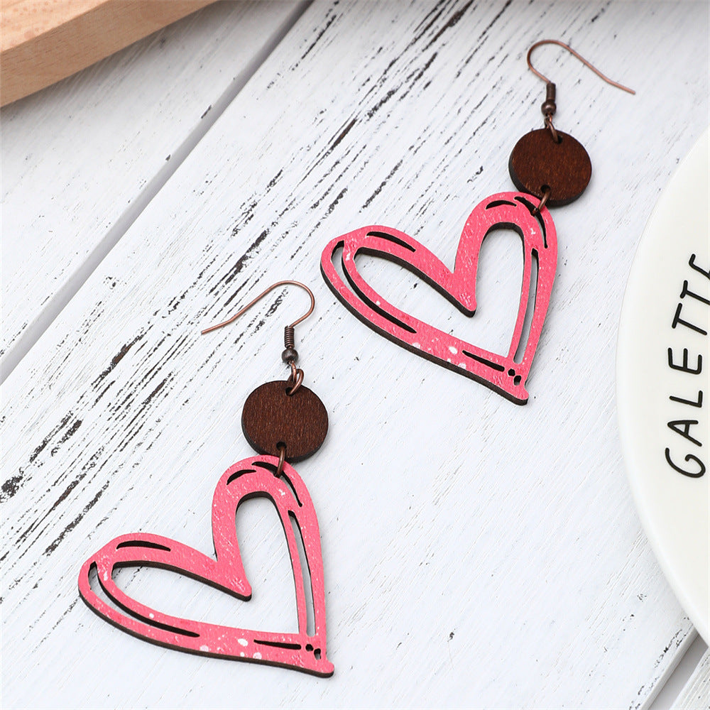 Boucles d'oreilles décoratives en bois en forme de lettre de coeur, série saint-valentin