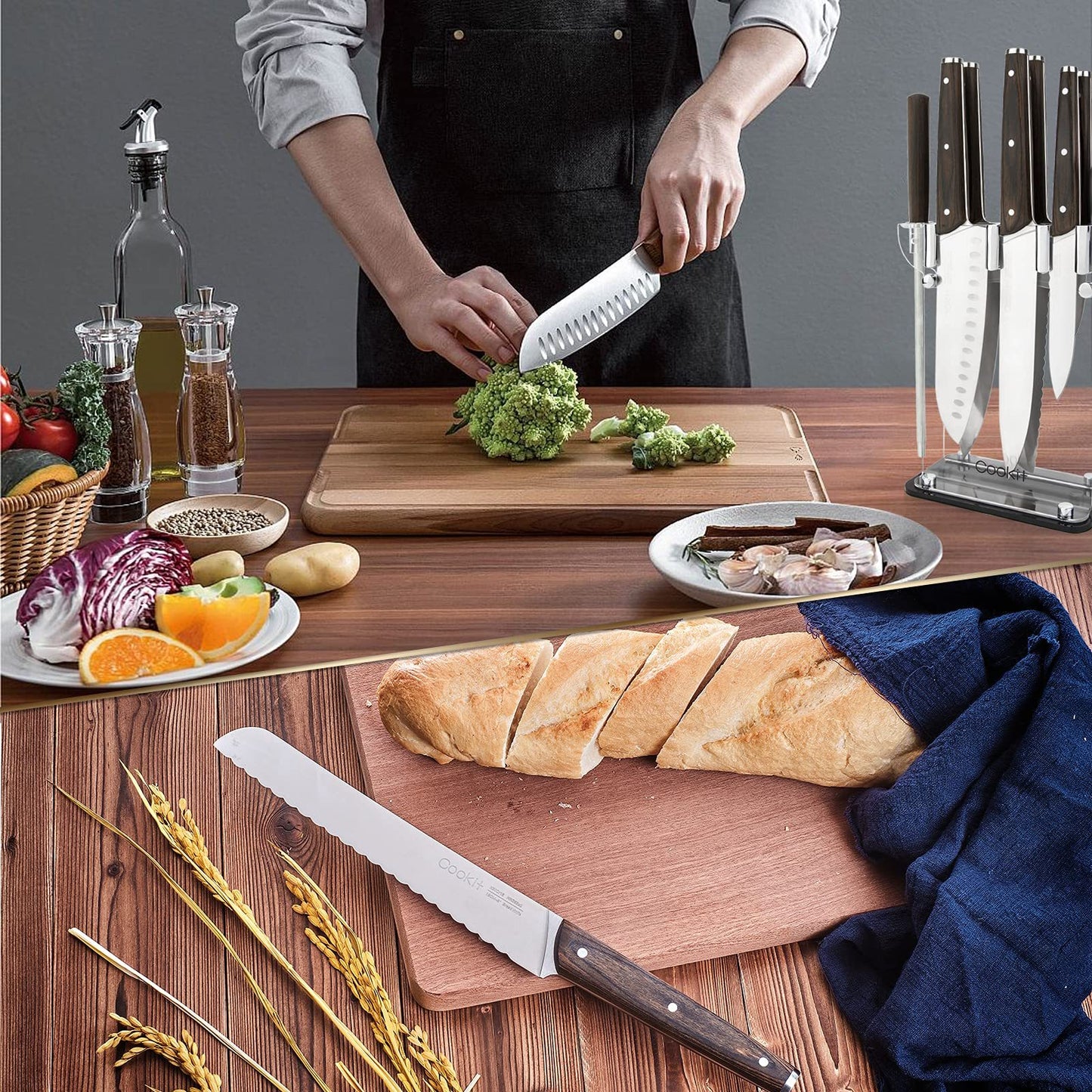 Bloc à couteaux avec couteau, ensemble de 9 couteaux de cuisine tranchants avec support de bloc en acrylique, manche en bois avec aiguiseur manuel, ciseaux à éplucher - Meilleur ensemble de couverts cadeau Plateforme Amazon