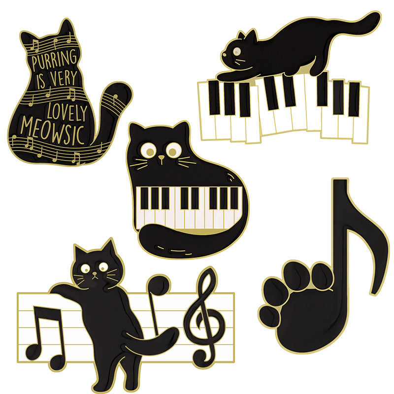 Broche en alliage de notes de piano de chat noir mignon