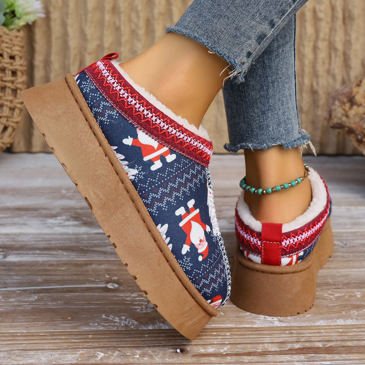 Bottines imprimées de noël pour femmes, chaussures de maison décontractées à enfiler, doublées en peluche, bottes courtes confortables d'hiver