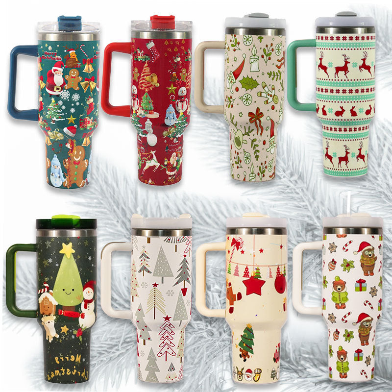 Tasse à motif de noël avec couvercle et poignée, verres en paille, gobelet sous vide en acier inoxydable, grande capacité, tasse à café de voyage en voiture, nouvelle collection