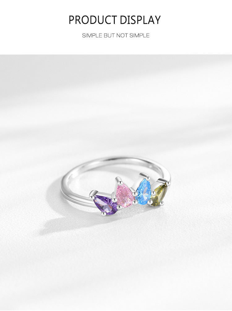 Women's S925 Sterling Silver Drop-shaped Color Zircon Ring