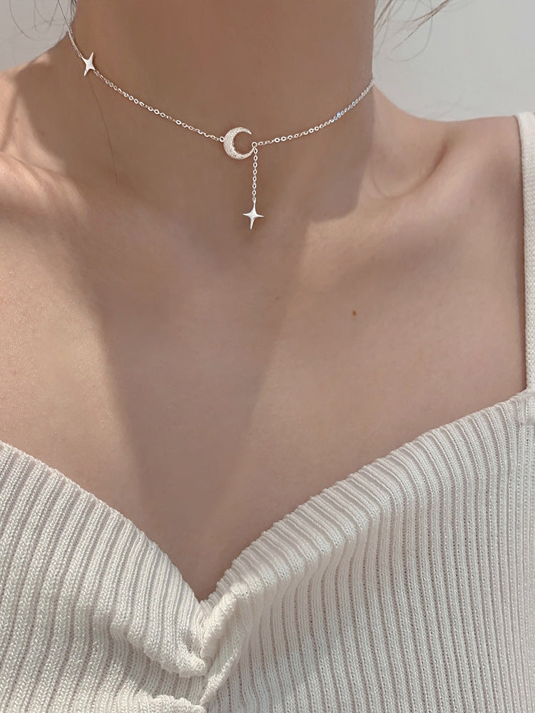 Women's Summer Simple Niche Design Frosted Moon And Star Pendant Clavicle Necklace