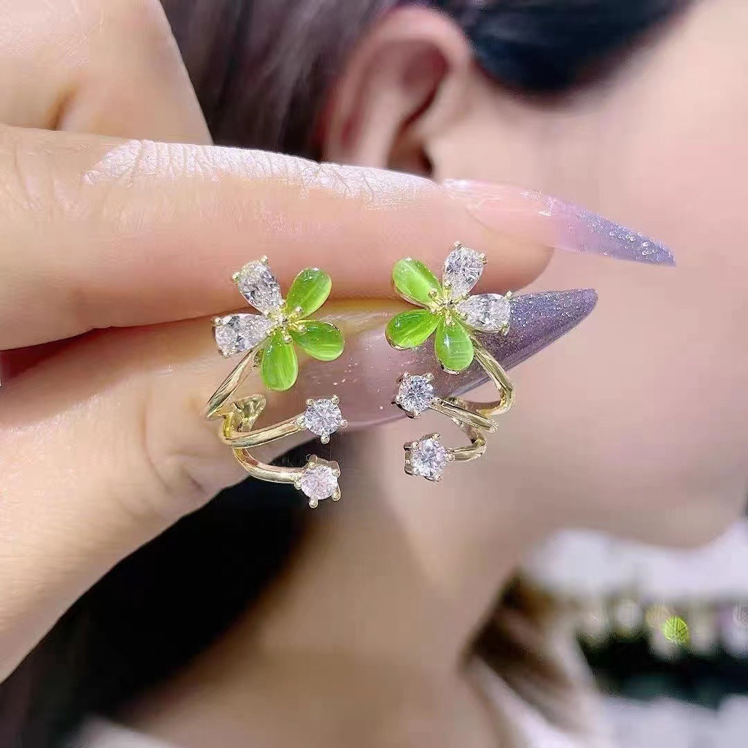 Artsy Cherry Blossom Earrings Green Special-interest Design Diamond Color Opal Earrings