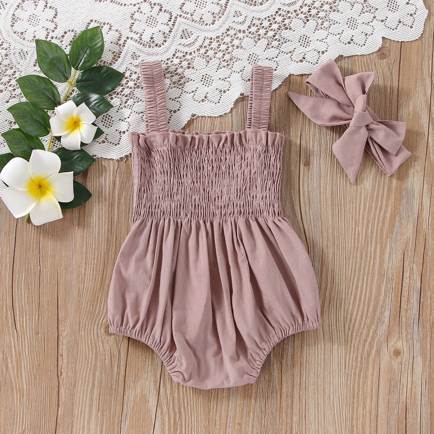 Combinaison d'été pour bébé fille, tenue froncée de couleur unie
