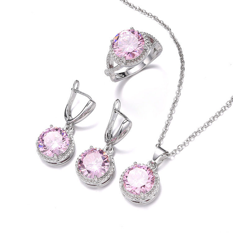 Women's Zircon Necklace Earring Ring Three-piece Set Simple Round