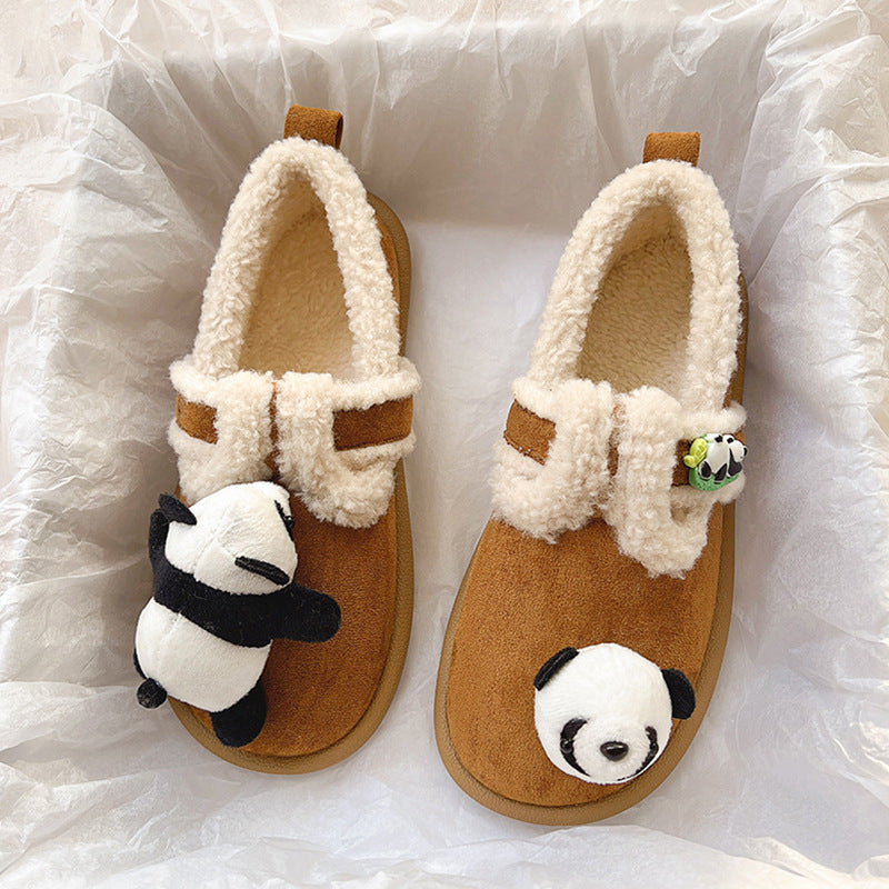 Chaussures en coton Panda de dessin animé épais doublées de polaire d'agneau mignonnes