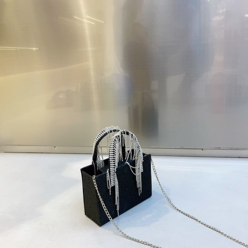 Bolso cuadrado pequeño con cadena de borlas de diamantes de imitación rojos de National Network, portátil de moda