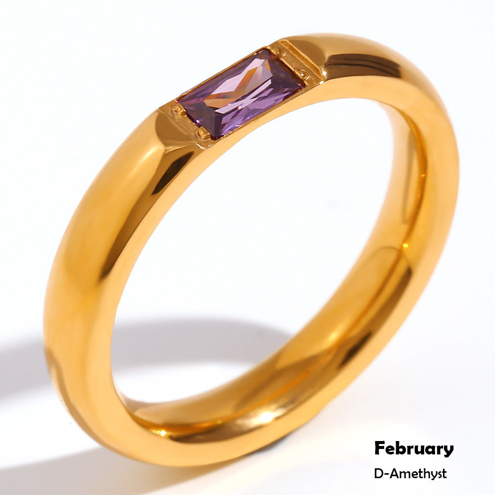 Stainless Steel Plated 18K Gold Rectangular Zircon Birthstones Ring