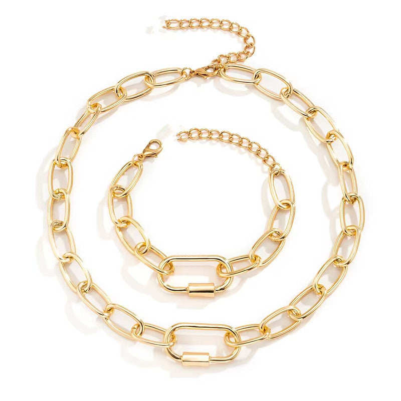 Simple Cross Thick Chain Necklace Bracelet Set Women