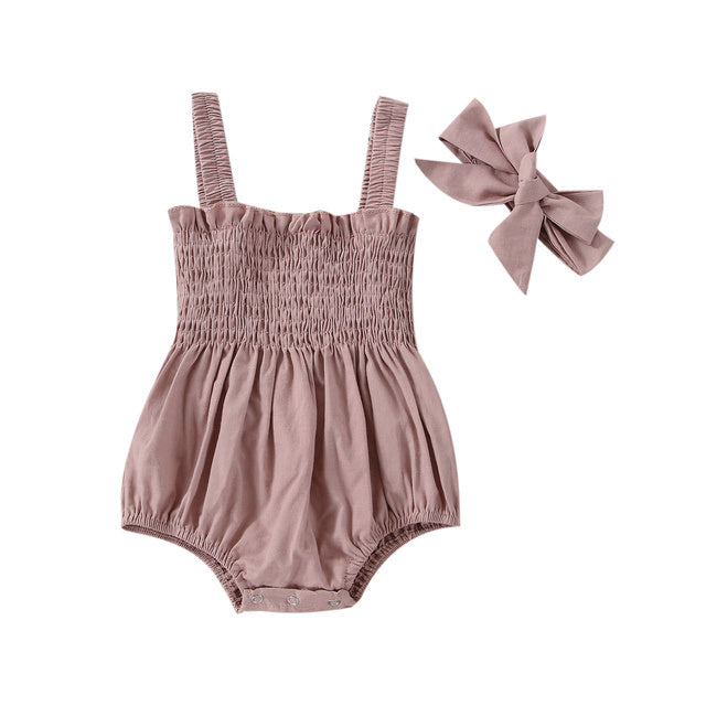 Combinaison d'été pour bébé fille, tenue froncée de couleur unie