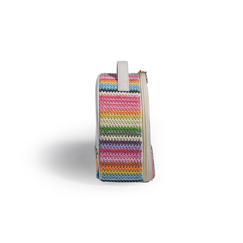 Sac à cosmétiques en PVC Transparent tissé en paille, sac à cosmétiques en demi-cercle, sac de rangement de produits de toilette tissé arc-en-ciel imperméable