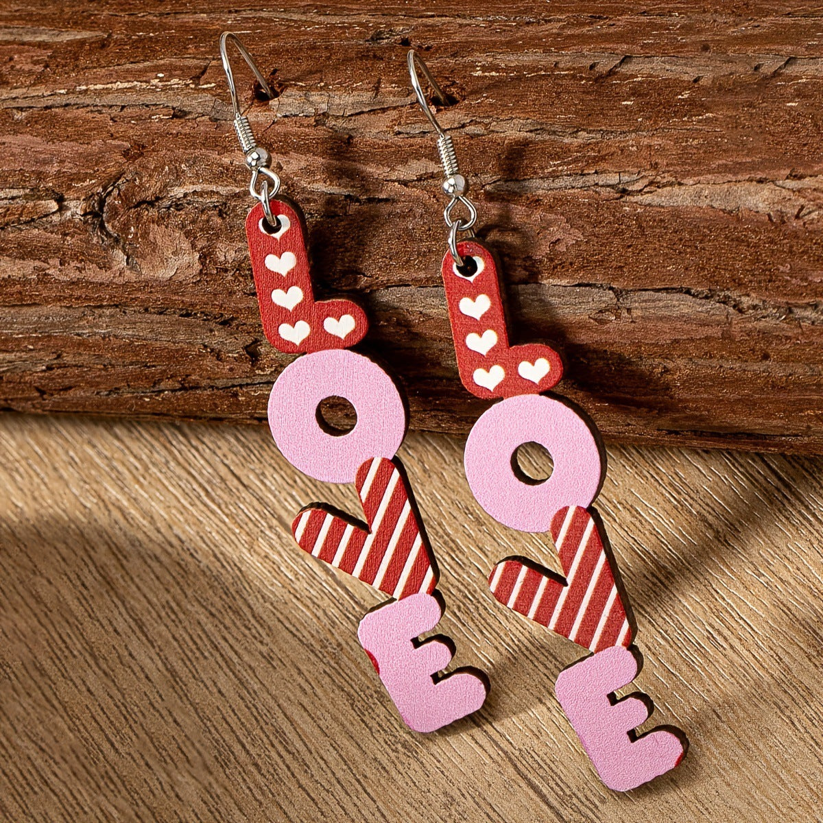 Boucles d'oreilles décoratives en bois en forme de lettre de coeur, série saint-valentin