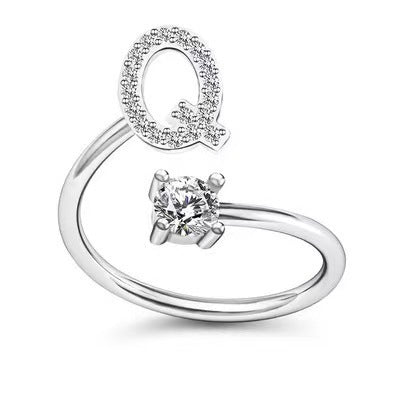 Female Stylish Adjustable Zircon 26 Letters Ring