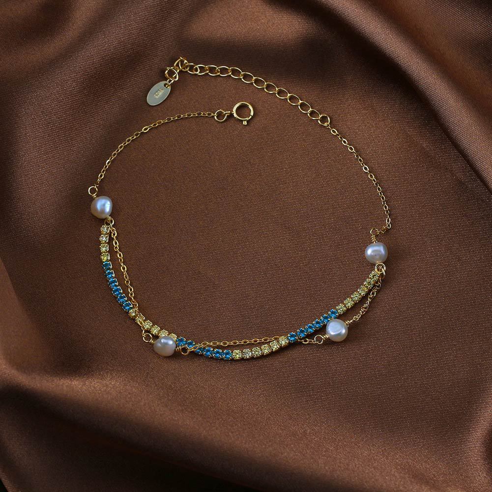 925 Sterling Silver Natural Baroque Pearl Two-tone Tennis Chain Ins Style Bracelet