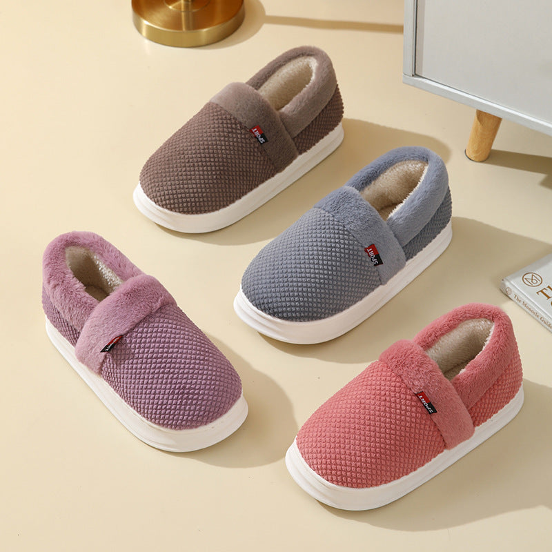 Zapatos de algodón con tacón para hombre y mujer, zapatillas de felpa de suela gruesa y cálidas, ropa de abrigo para jardín interior, zapatillas de terciopelo para pareja, Invierno