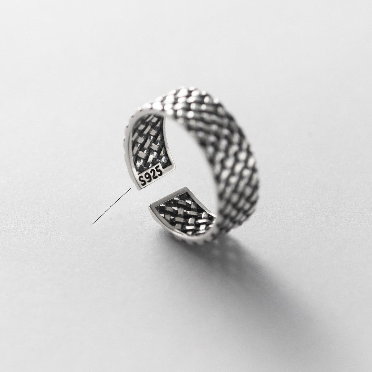 S925 Sterling Silver Plaid Woven Wide Face Ring