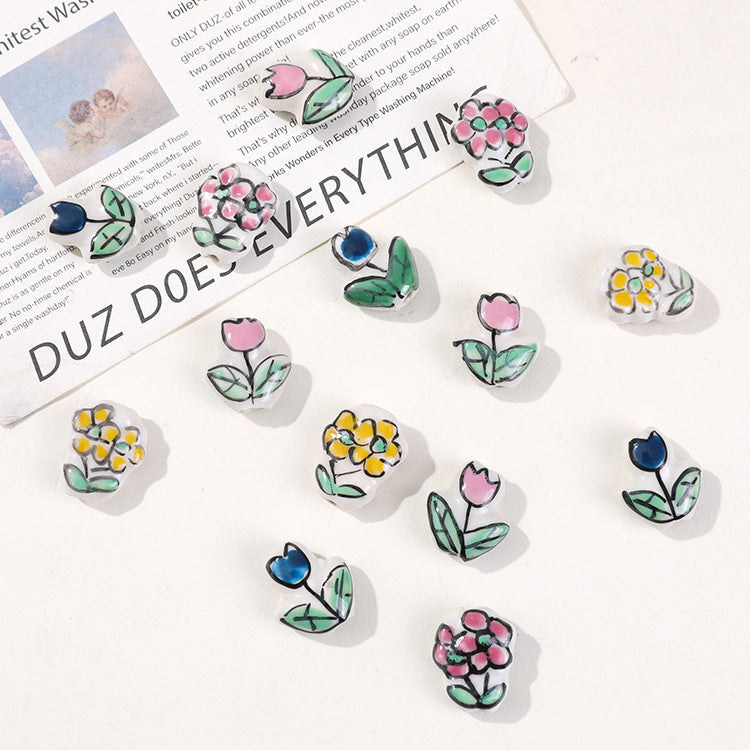 Perles en céramique tulipe rose peintes à la main