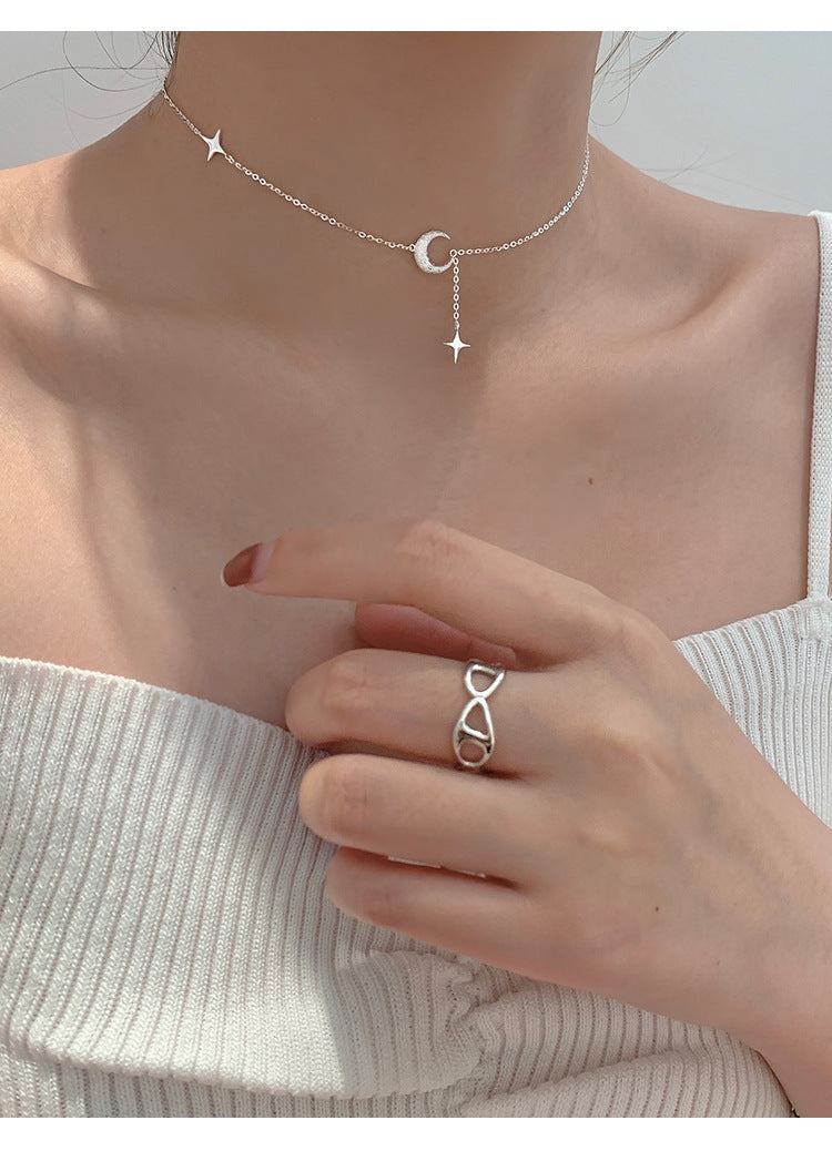 Women's Summer Simple Niche Design Frosted Moon And Star Pendant Clavicle Necklace