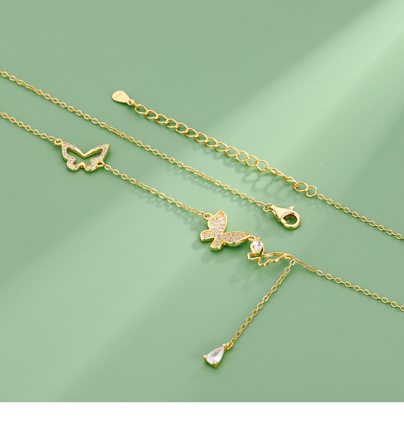 S925 Sterling Silver Diamond Tassel Butterfly Necklace