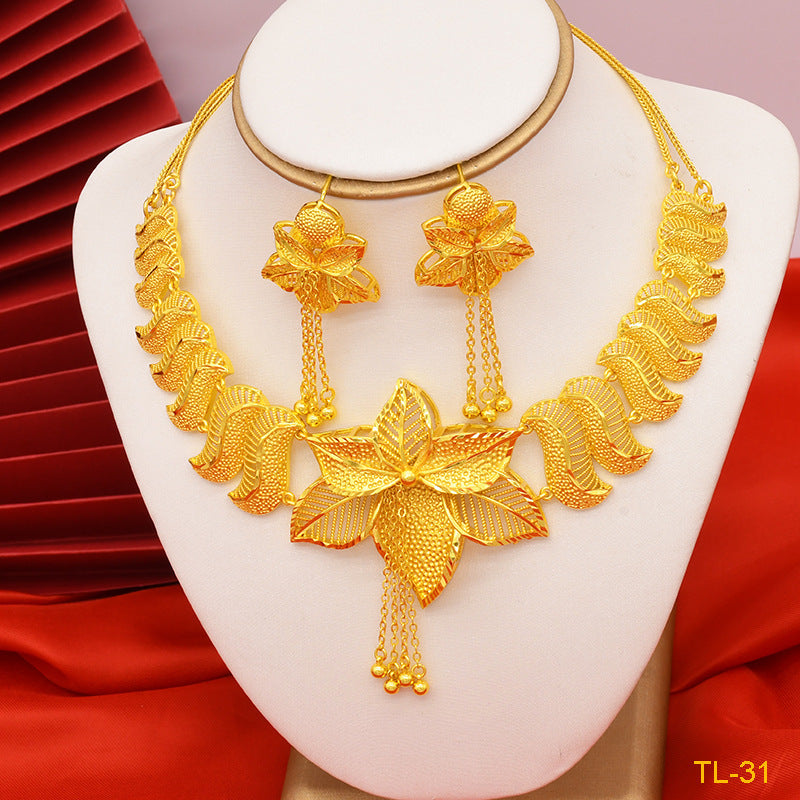 Gold Flower Necklace And Earrings Suite Brass Gold Plated Wedding Jewelry Batch