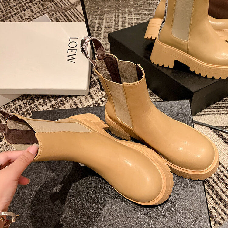 Bottes Martin à bout rond en cuir à talons hauts épais de style coréen pour femmes