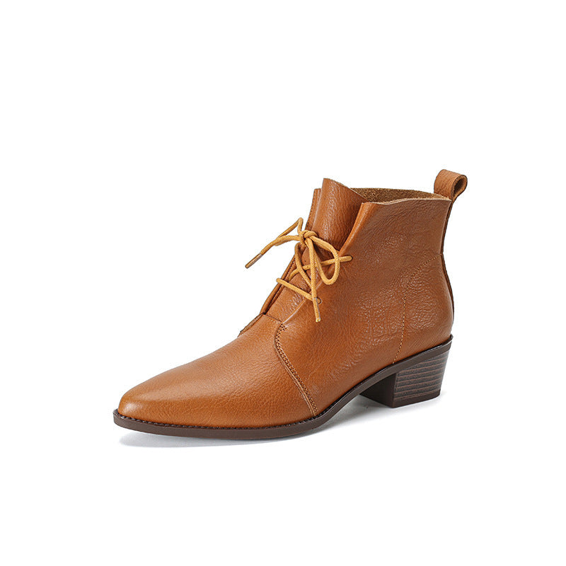 Bout pointu dentelle talon épais talon moyen cuir de vache bottes martin