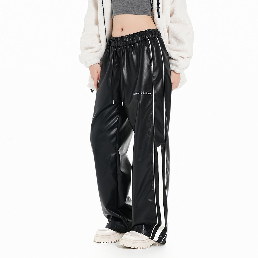 Men's Striped PU Leather Straight-leg Trousers