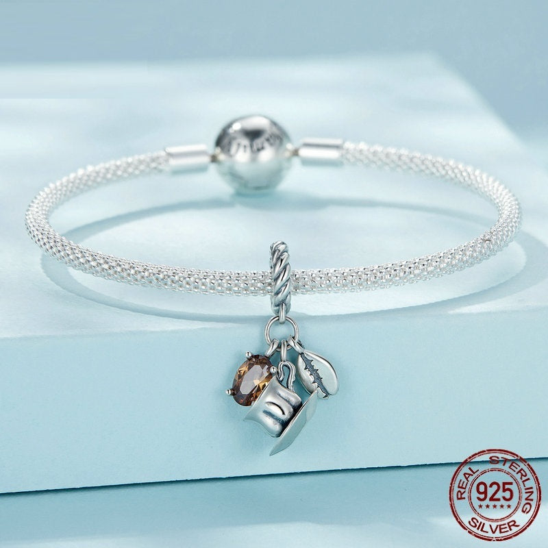 Pendentif tasse à café moka en argent sterling S925, perles pendantes, ornement