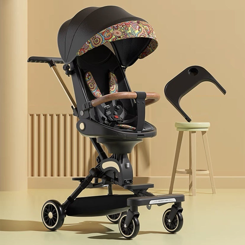 Peut s'asseoir et s'allonger à plat, pliable dans les deux sens, légère et absorbant les chocs, poussette haute visibilité