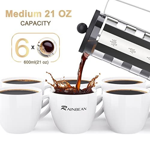 Cafetera De Prensa Francesa 4 Tazas, Cafetera Con Carcasa De Acero Inoxidable - Resistente Al Calor - Prensa De Café Con Filtro De Acero Inoxidable Para Amantes Del Café, Plata, 350 Ml Y 600 Ml