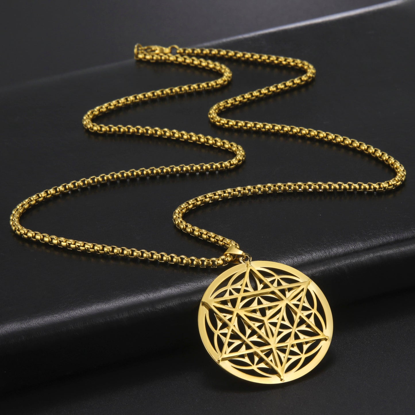 Bague creuse coupée en plaqué or véritable, pendentif Merkaba, matériau 304, collier en acier inoxydable