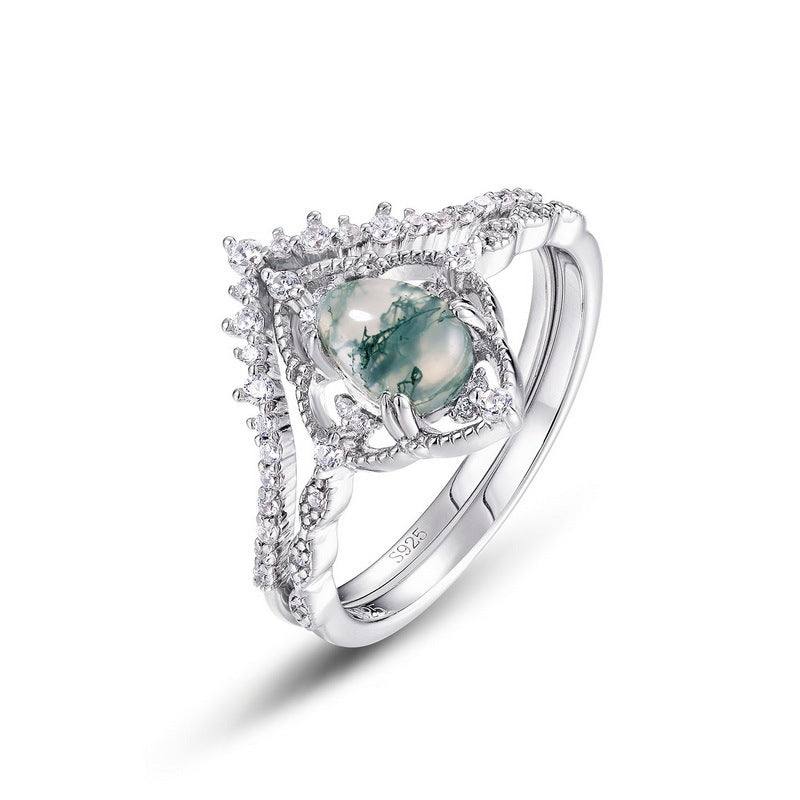 Bague femme en argent S925 incrustée de pierre de mousse verte