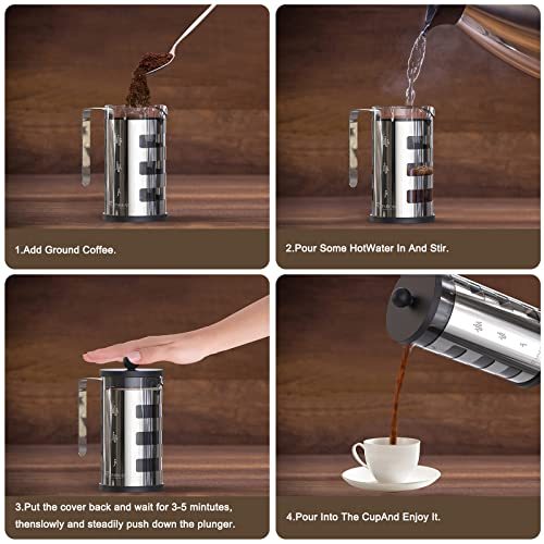 Cafetera De Prensa Francesa 4 Tazas, Cafetera Con Carcasa De Acero Inoxidable - Resistente Al Calor - Prensa De Café Con Filtro De Acero Inoxidable Para Amantes Del Café, Plata, 350 Ml Y 600 Ml