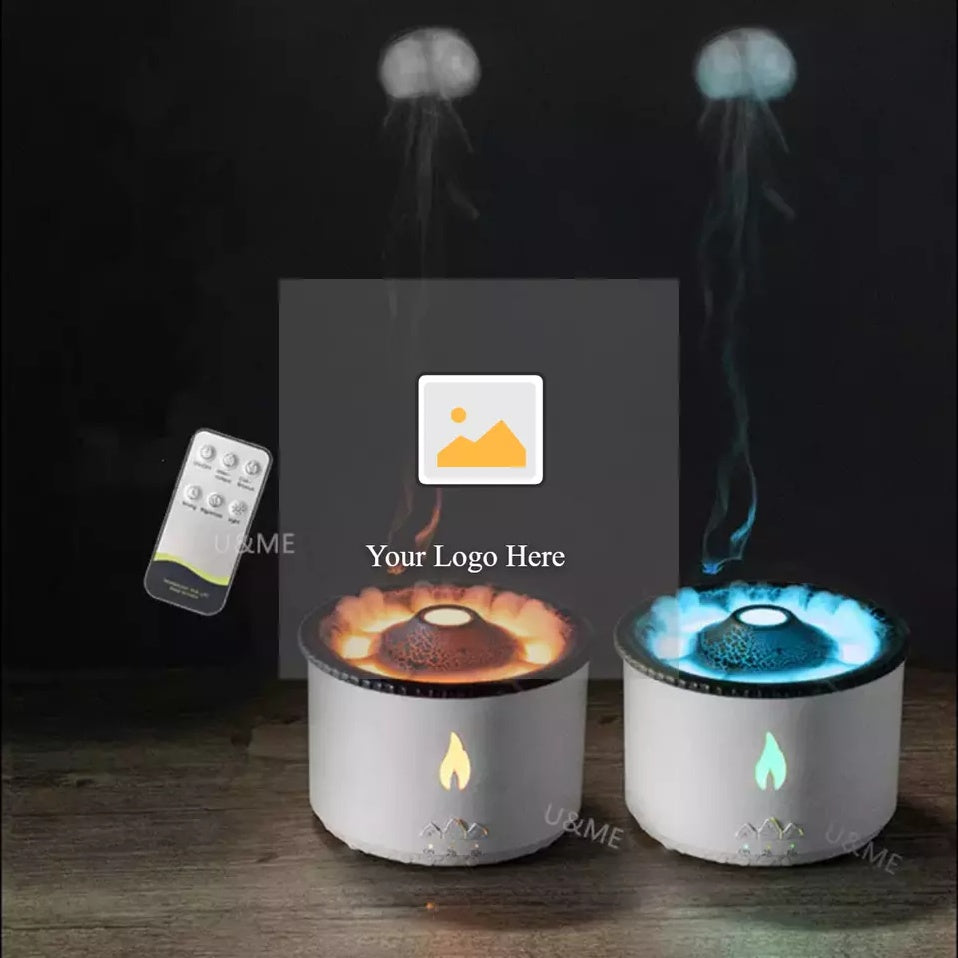 Difusor de aire humidificador con llama de medusa y volcán azul, venta al por mayor, aceite de llama portátil, aroma esencial, mini difusor volcánico con control remoto