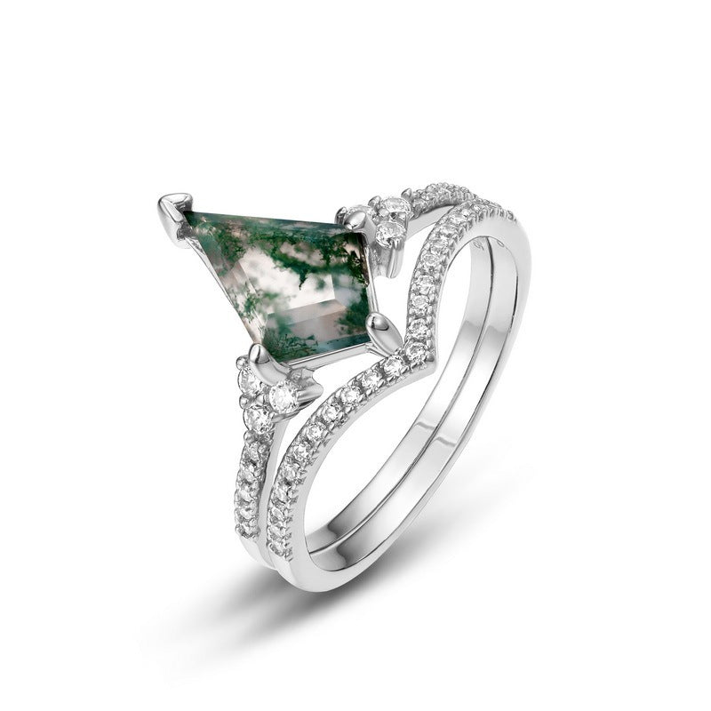 Bague femme en argent S925 incrustée de pierre de mousse verte