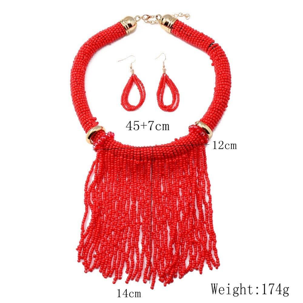 Ethnic Style Tassel Bead Necklace And Earrings Suite