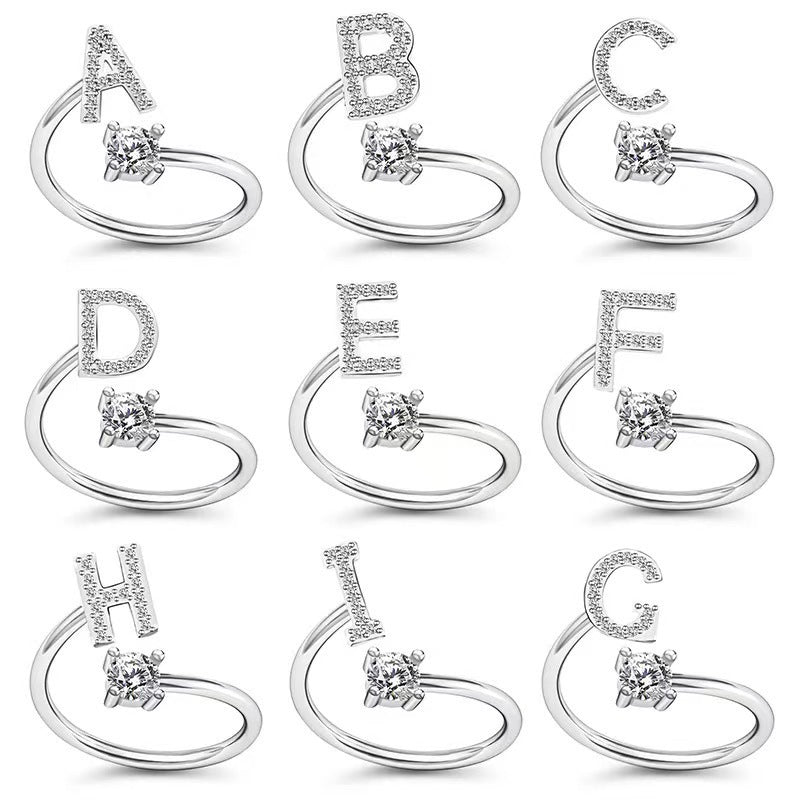 Female Stylish Adjustable Zircon 26 Letters Ring